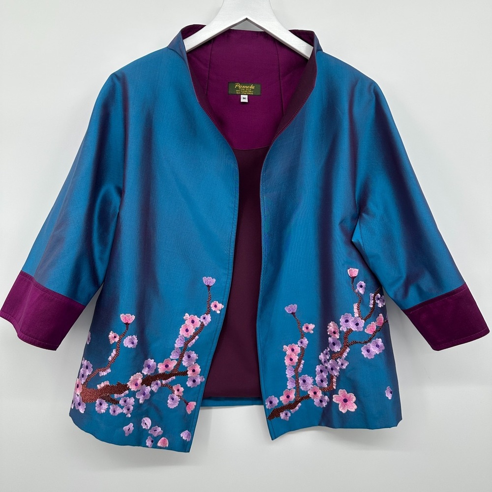 Pamela‎ Thai Silk Jacket Medium 3/4 Sleeve Embroidered Cherry Blossom Artsy Boho